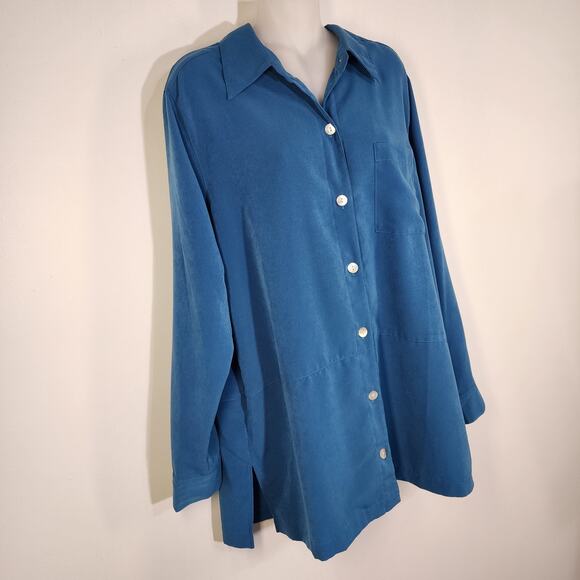 TravelSmith Womens Tunic Shirt Micro Suede Large Teal Blue Button Up Long Sleeve - Picture 4 of 10